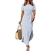 Prinbara Womens Summer Maxi Dress Casual Short Sleeve Tie Waist Split Long Tshirt Dresses 2026 Spring Vacation Cruise Clothes