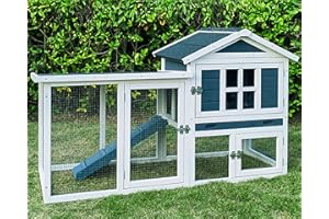 RUNSHED Large Outdoor Rabbit Hutch Weatherproof 2-Story Chicken Coop & Bunny Cage, Wooden Indoor/Outdoor Pet House with No-Leak Tray, Waterproof Roof & Pull-Out Tray (56.8" L x 34.7" H, Grey Blue&White)