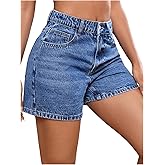 WDIRARA Women's Petite High Waisted Denim Shorts Straight Leg Jean Shorts with Pockets