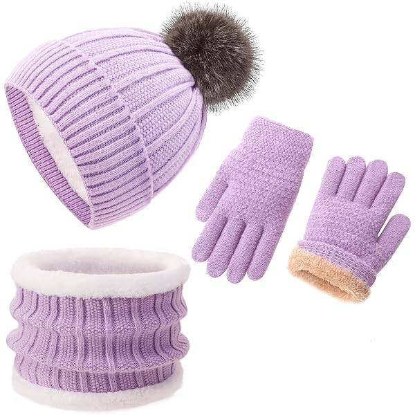 Ensemble Bonnet Écharpe Gants Enfant Hiver 2-7 Ans – Tricot Doublé Polaire Avec Pompon Mignon