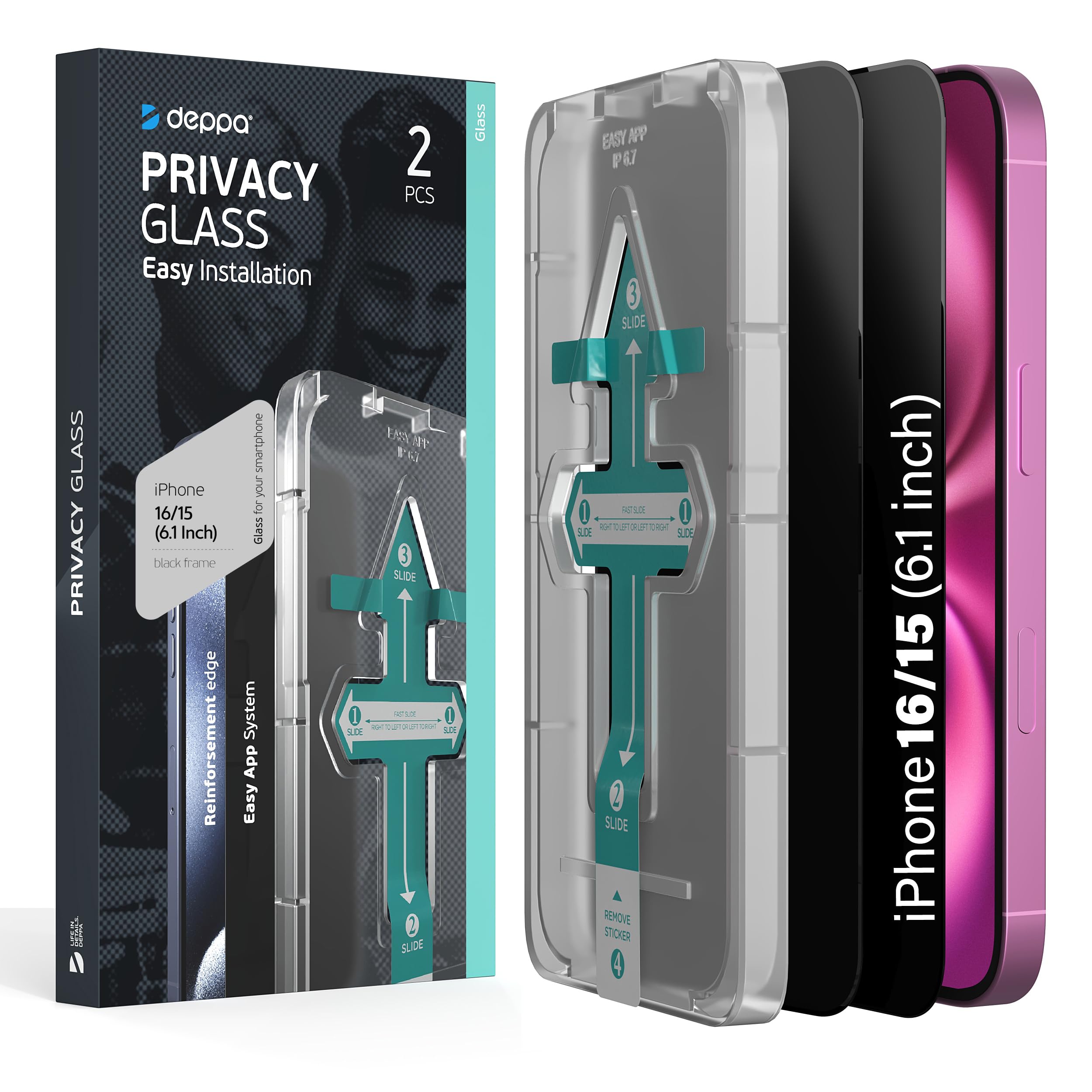 Deppa [2 Pack Premium Privacy Screen Protector for Iphone 15/Iphone 16 (6.1') Tempered Glass Edge to Edge Full Cover with Easy Installation Kit Tray - Anti Spy, Private, Dark, Black Film