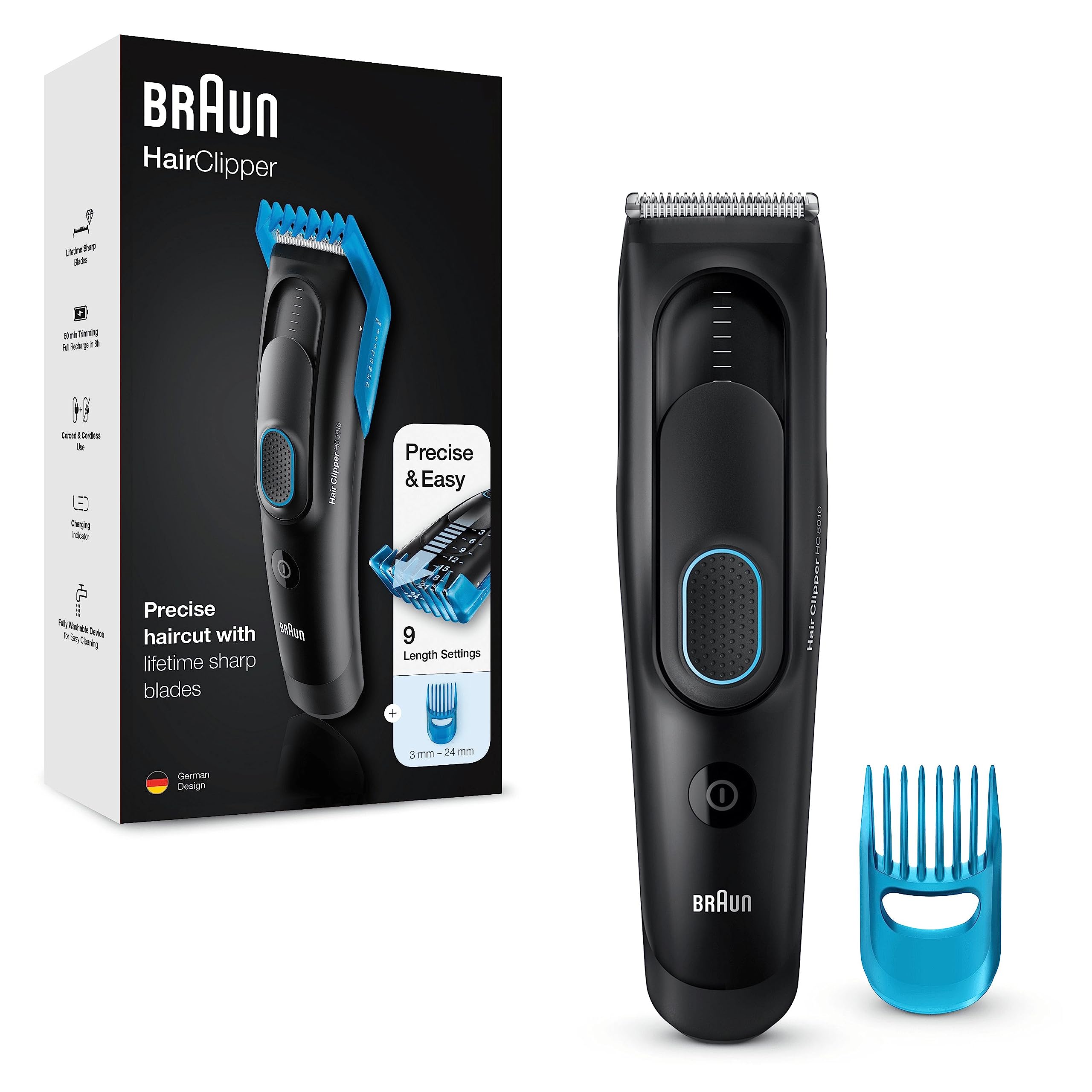 Braun HC5010 Hair Clipper, Men's Hair Clipper with 9 Settings, 2 Pin Bathroom Plug