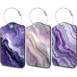 3 Pcs Purple Marble Liquid Luggage Tag for Suitcase,Cute Leather Travel Cruise Luggage Tag with Privacy Flap,Name ID Label an