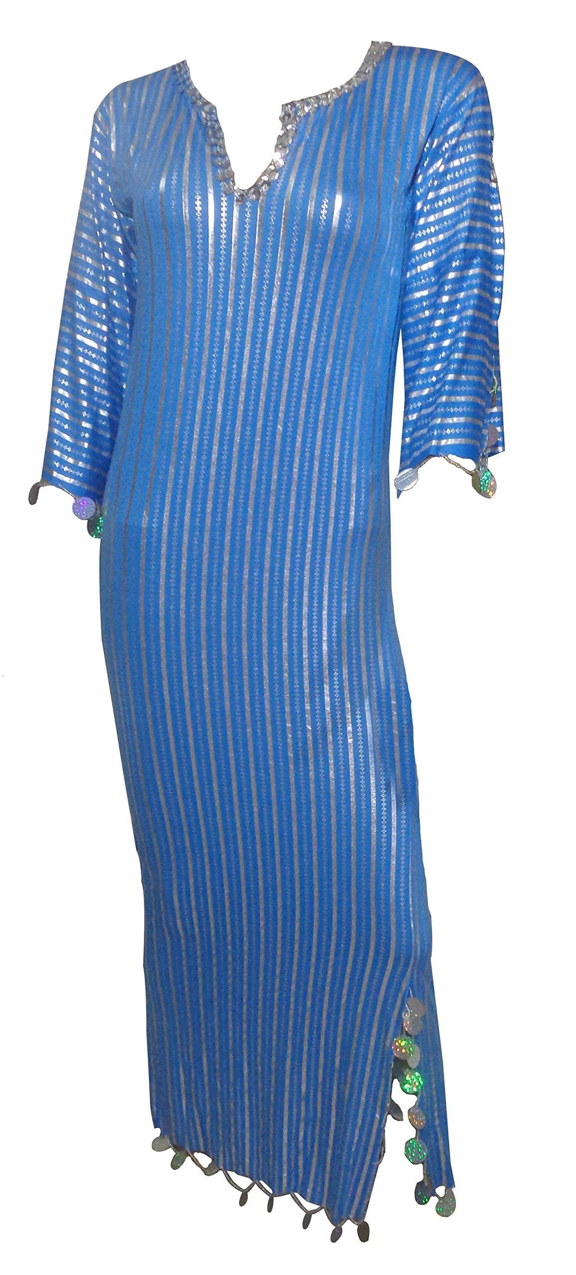 Photo 1 of Belly Dance Nancy Stretchy Folkloric Dancing Outfit Egyptian Galabeya Oriental Abaya Dress Costume Egypt Baladi Saidi Fallahi Carnival Sequins Handmade Bellydance Women (Light Blue x Silver)