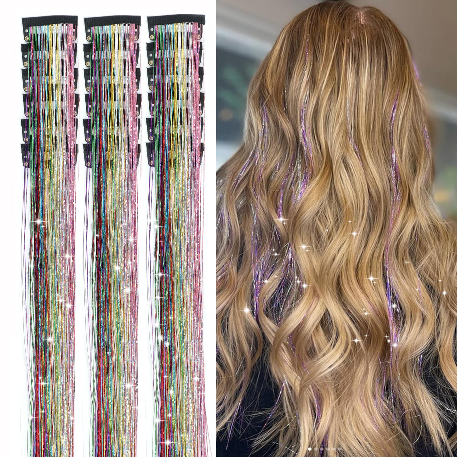 Photo 1 of 18pcs Hair Tinsel Clip in Hair Tinsel Kit Glitter Tinsel Hair Extensions 20Inch Sparkling Fairy Hair Tinsel Shiny Hair Accessories for Women Girls Kids (Colorful)