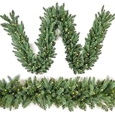 HomeKaren Christmas Garland 9 Ft by 12 Inch Prelit Fraser Fir Xmas Garland with 50 LED Lights 550 Tips, Real Like Lush and Classics Green Style for Indoor Outdoor Home Decoration