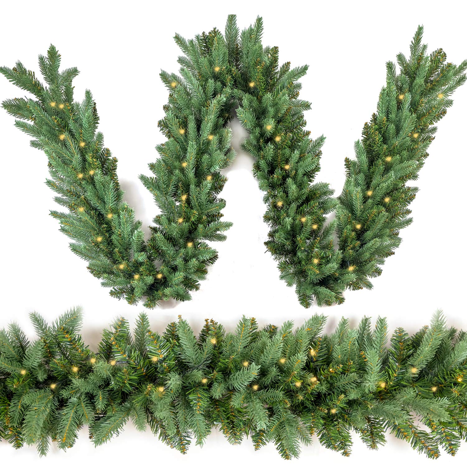 Photo 1 of HomeKaren Christmas Garland 9 Ft by 12 Inch Prelit Fraser Fir Xmas Garland with 50 LED Lights 550 Tips, Real Like Lush and Classics Green Style for Indoor Outdoor Home Decoration