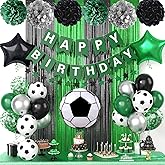 Soccer Party Decorations,Soccer Sports Theme Birthday Decorations,Include Green Black Party Balloons Happy Birthday Banner Fringe Curtain Tissue Paper Pompoms Garland