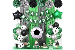 FUNHOT Soccer Party Decorations,Soccer Sports Theme Birthday Decorations,Include Green Black Party Balloons Happy Birthday Banner Fringe Curtain Tissue Paper Pompoms Garland