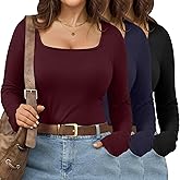 Evervibe 3 Pack Women's Plus Size Tops Square Neck Long Sleeve Shirts Slim Fit Casual Stretchy Fall Basic Tee