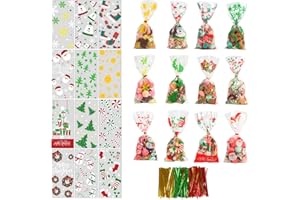 KIMOBER 144pcs Christmas Cellophane Candy bags,Cello Goodies Treat Bags with Twist Ties for Christmas Party Favor Supplies