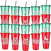 Tioncy 20 Pcs Christmas Plastic Cups with Lids and Straw Bulk, Reusable Christmas Plastic Cups 25 Oz, Christmas Drinking Cups for Juice Coffee Cold Drinks Christmas Party Supplies, 10 Styles