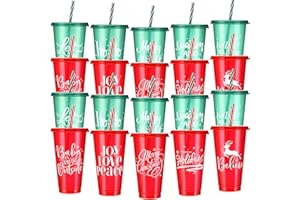 Tioncy 20 Pcs Christmas Plastic Cups with Lids and Straw Bulk, Reusable Christmas Plastic Cups 25 Oz, Christmas Drinking Cups for Juice Coffee Cold Drinks Christmas Party Supplies, 10 Styles