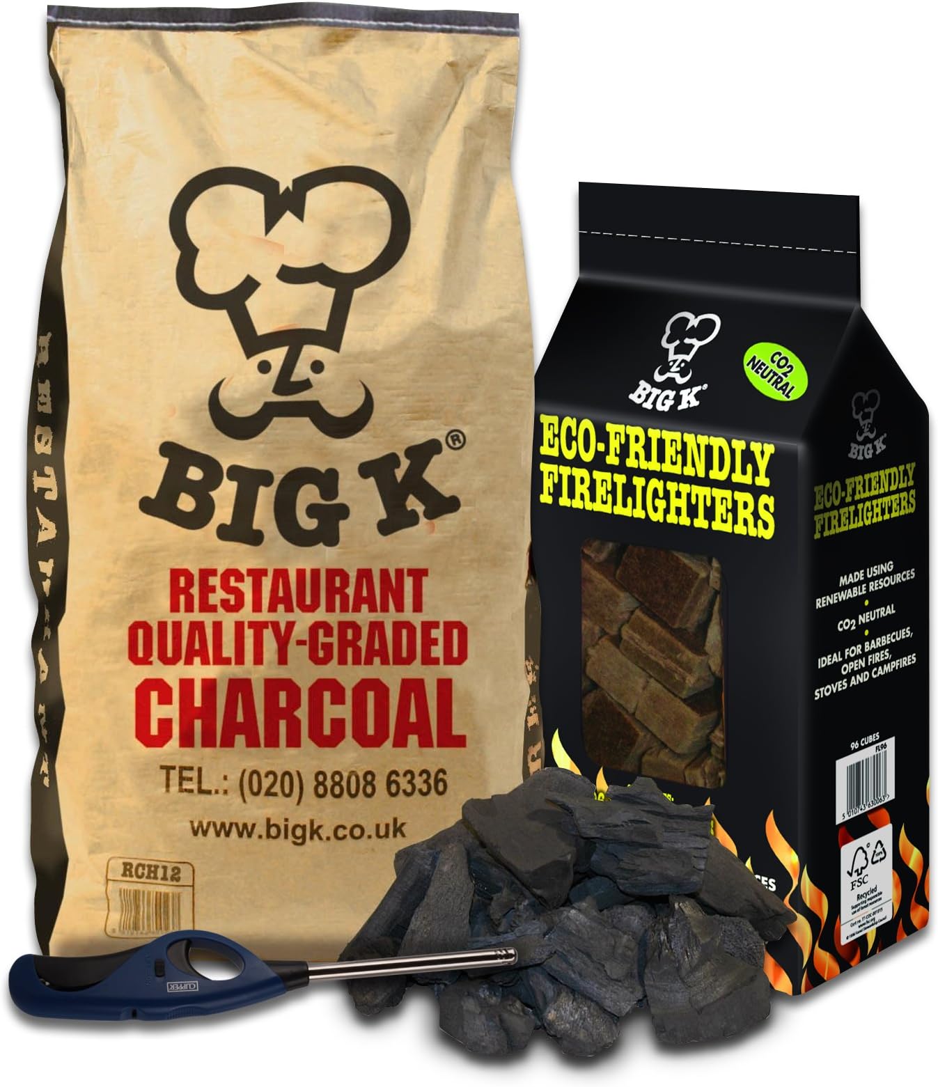 96 Pack Big K Eco Firelighters, 12kg Big K Restaurant Grade Charcoal & Clipper Lighter for BBQ, Barbecues, Open Stoves and Pizza Ovens & Tigerbox Safety Matches