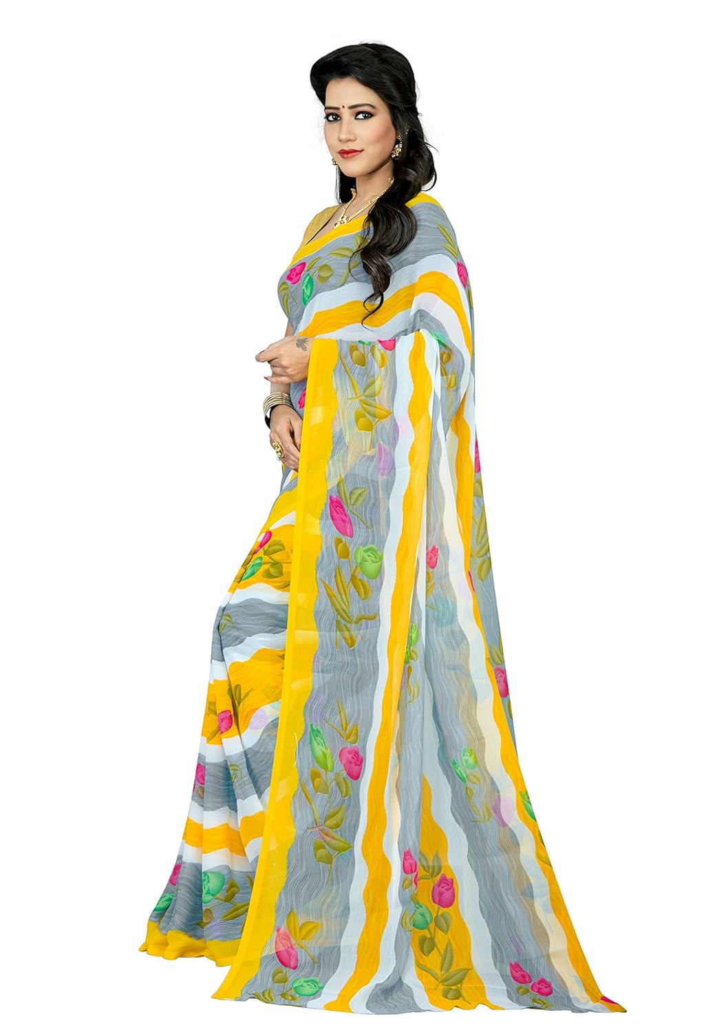 jaanvi fashion women's chiffon floral printed saree (yellow)