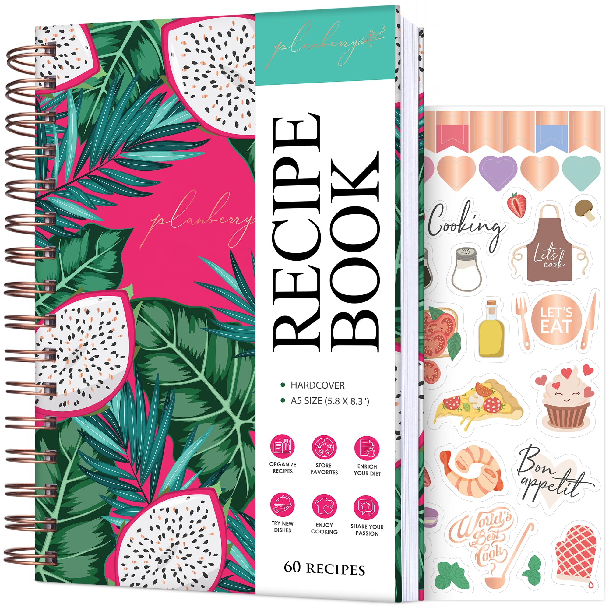 PLANBERRY Recipe Book – Blank Hardcover Cookbook to Write in Your Own Recipes – Empty Cook Book Journal to Fill in – Blank Family Recipe Notebook – 60 Recipes, 14x21cm (Dragon Fruit)