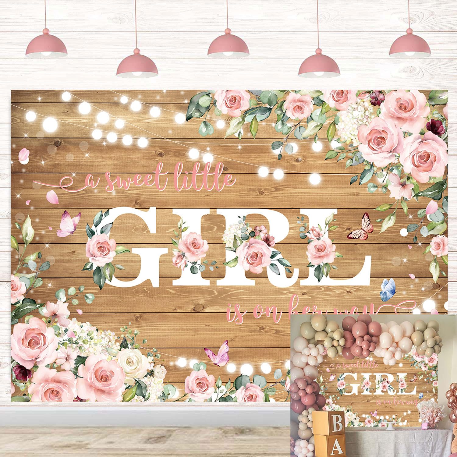 Photo 1 of Girl Baby Shower Backdrop A Sweet Little Girl is on Her Way Photography Background for Pink Floral Rustic Wood Baby Shower Newborn Birthday Party Decorations Banner (70x40 inch (6x4FT))