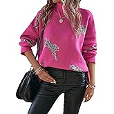 WDIRARA Women's Leopard Print High Neck Long Sleeve Sweater Casual Knit Pullovers