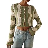 GORGLITTER Women's Scallop Striped Button Up Cropped Cardigans Hollow Out Boat Neck Knitwear