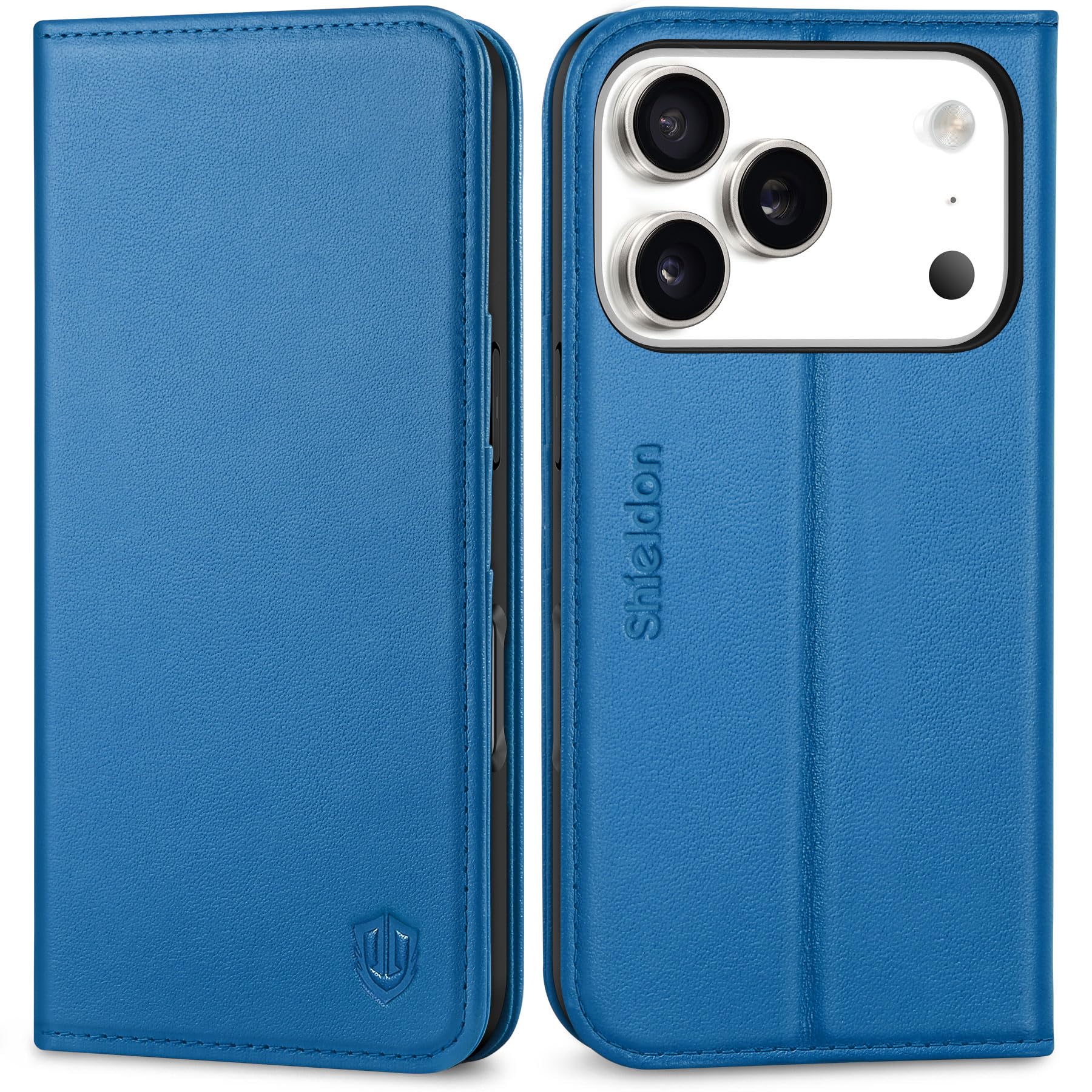 Photo 1 of SHIELDON Genuine Leather Case Wallet for iPhone 17 Pro 6.3 Inch 2025 | Kickstand | RFID Blocking 3 Credit Card Holder | Flip Magnetic Closure | Shockproof Phone Cover | Sapphire Blue