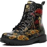 coolcustomize Womens Mushroom Floral Combat Boots - Witchcore Forest Goth Boots Chuncky Heel Vegan Leather Fashion Lace-Up Black Ankle Booties
