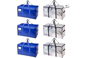 RUGGED RHINO Heavy Duty Extra Large Moving Bags, 6 Pack 50lb Capacity Tote, Durable Water and Puncture Resistant Winter Clothes Storage Totes for Moving, Strong Carry Handles and Zippers, Multicolor
