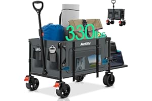 ANTIFIR Collapsible Wagon with Tailgate,Foldable Cart with Wheels,330LBS Resting Large Capacity,2 Drink Holders & Side Pockets,Long Extender,for Groceries,Shopping,Camping,Beach,Garden,Grey