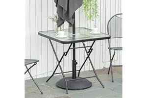 Outsunny 30" Square Outdoor Dining Table, Foldable Patio Table with Umbrella Hole, Water-Grain Glass Top Coffee Table for Bal