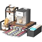 Homeiju K Cup Organizer for Countertop,Holds 60 K-Cups &amp; 10 Syrup Bottles | Coffee Station Organizer with Coffee Pod Holder, Pull-Out Drawer with Anti-Slide Lock, Side Basket &amp; Syrup Rack, Rustic Brown