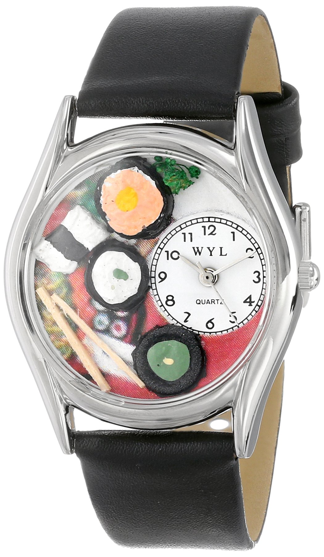 Whimsical Watches Sushi Black Leather and Silvertone Unisex Quartz Watch with White Dial Analogue Display and Multicolour Leather Strap S-0310012