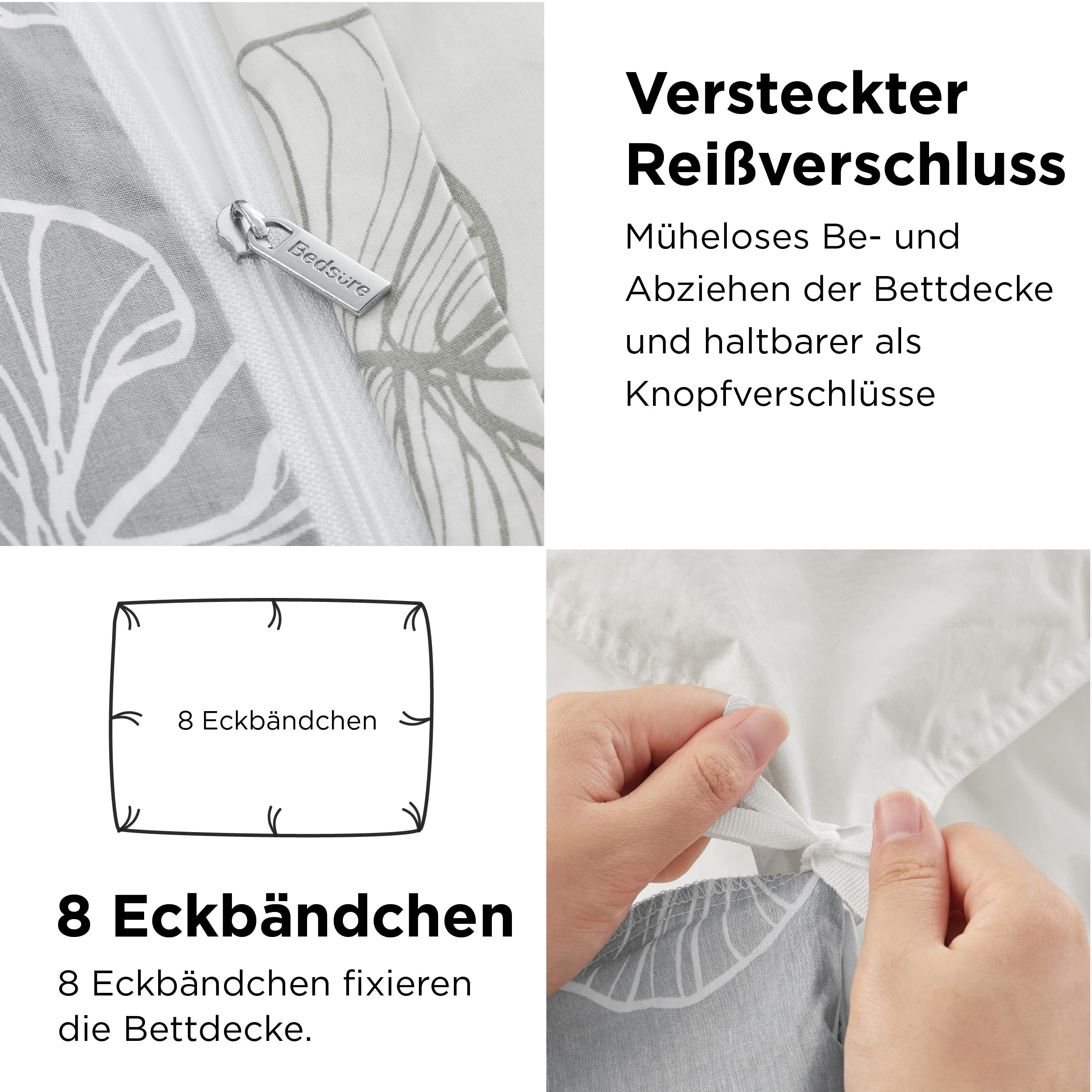 BEDSURE Bettwäsche 135x200 Baumwolle Bettbezug - Bettwäsche-Sets 135 x 200 cm 2teilig Grau mit Kissenbezug 80x80 cm, ÖKO-TEX Wendebettwäsche Bedding mit Reißverschluss Ginkgo Muster 5