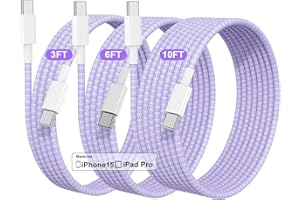 Cabepow for iPhone 15 Charger Cord 3/6/10ft 3Pack,Long Braided Type C to Type C Fast Charging Cable for iPhone 15/Por Max/Por/Plus,MacBook Air/Pro,iPad Pro 12.9/11,Samsung Galaxy S23/S22-Purple
