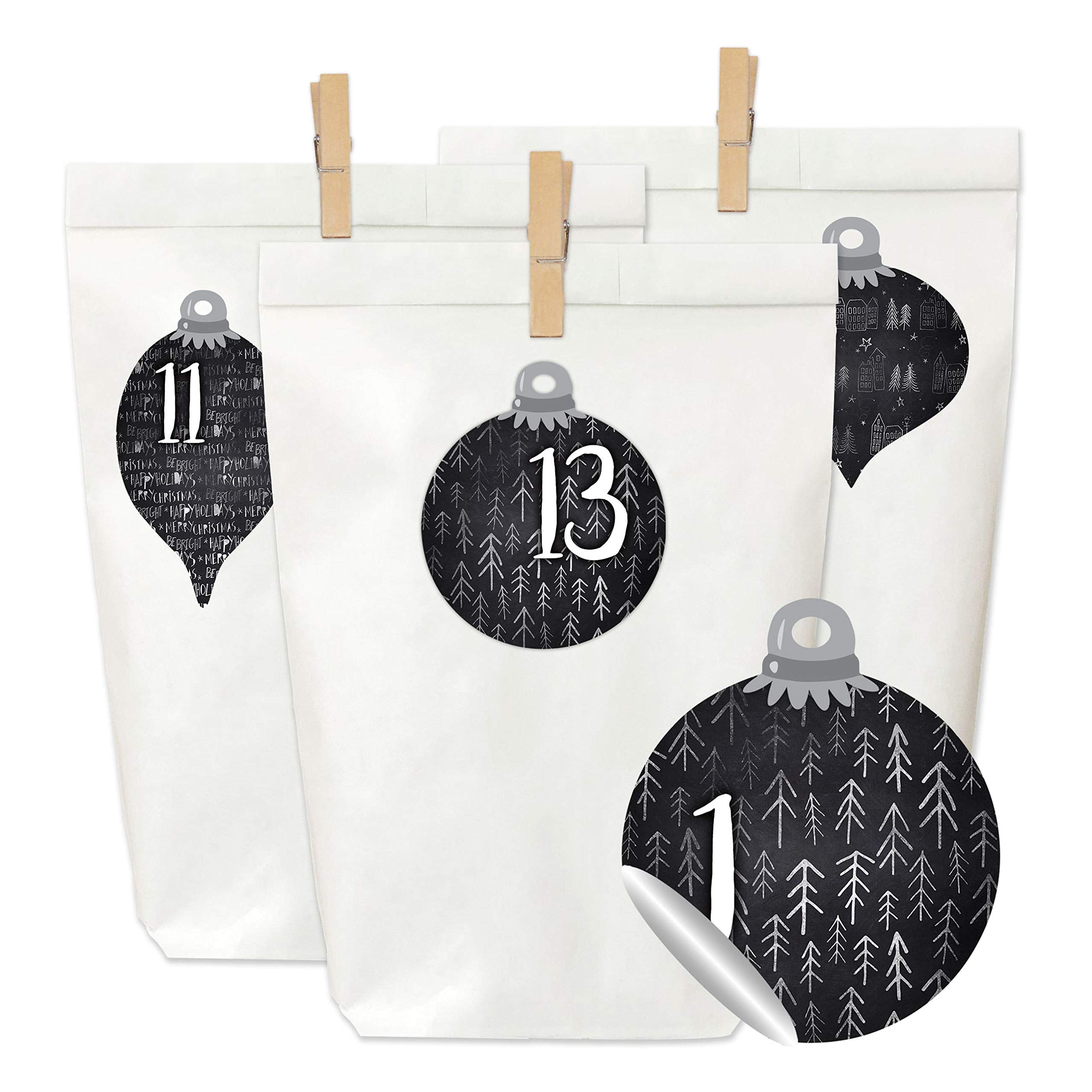 Papierdrachen Advent Calendar for filling - 24 paper bags with stickers and 24 wooden brackets - motif Christmas balls black - 60