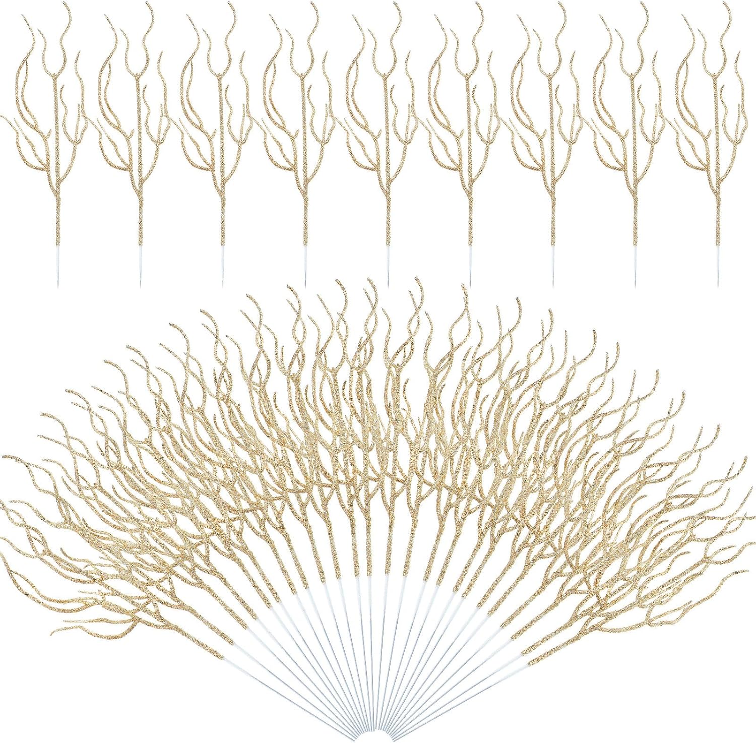 Trees - Jutom 30 Pcs Glitter Christmas Tree Pick 13.7 x 2.7 Inch Curly Tall Tree Filler Branches Christmas Tree Sprigs and Twigs Decorations for Vase Christmas Tree Xmas Gift Wedding Decoration (Champagne)