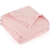 GINAMUSE Muslin Throw Blanket for Bed 100% Cotton Gauze Fall Blankets Lightweight Soft Cozy Breathable Summer Throws for Adults All Seasons Use,90"x90" Queen Size Pink