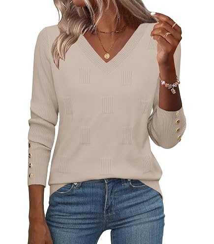 LOMON Women Sweater Long Sleeve Button Pullover Apricot Black