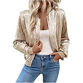 SHENHE Women's Metallic Bomber Jacket Lightweight Zip Up Long Sleeve Fashion Jacket Outwear