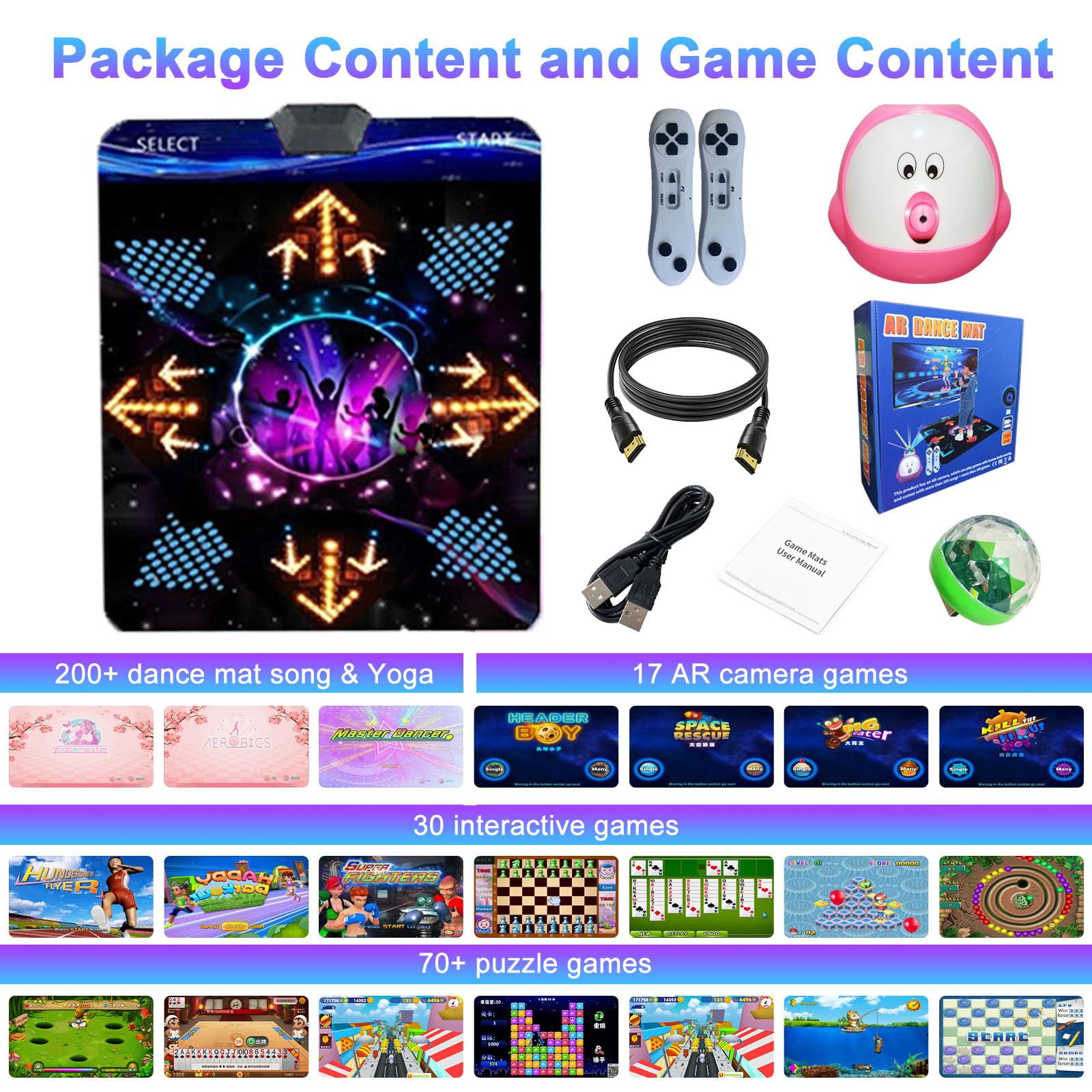 YRPRSODF Dance Mat for Kids and Adults, Musical Electronic Dance Step Pad with 100+ Games, 200+Songs, HD Camera, 2 Motion Sensor Controllers, MTV & Cartoon Modes, Dance Mat Toy for Girls& Boys