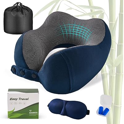 Cirorld Neck Pillow for Traveling, Travel Pillows for Airplanes,100% Pure Memory Foam Travel Neck Pillow, Adjustable Flight Pillow, Portable Plane Accessories with Eye Mask, Earplugs, Carry Bag
