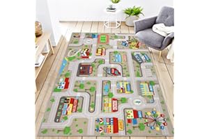 VSIWB Educational Road Traffic Carpet Kids Carpet Playmat Car Rug Fun City Life Map Kids Car Rug Non Slip Play Carpet for Children Playroom Bedroom Classroom Decor (Tan, 5'2''x3'3'')
