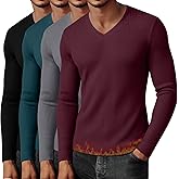 Neer 4 Pack Men's Thermal Cotton Long Sleeve Shirts Ribbed V Neck Tops Fall Winter Stretchy Slim Undershirt Base Layer