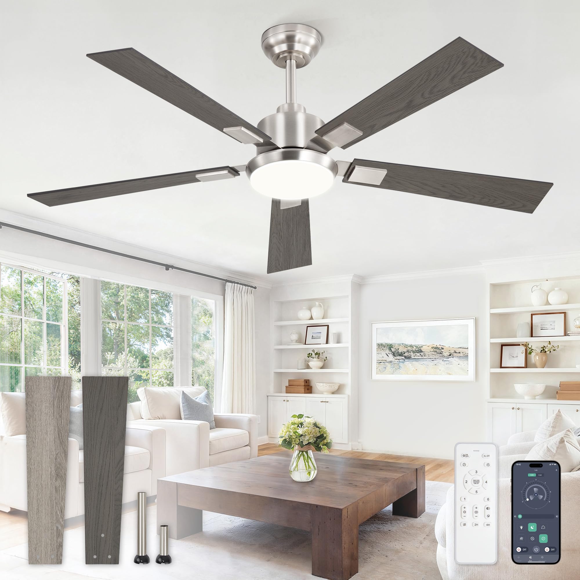 Photo 1 of Glowivia 52 Inch Ceiling Fans with Lights and Remote&APP Control, Brushed Nickel Smart Ceiling Fan with 3000-6000K Dimmable, 6 Speeds Reversible, Indoor/Outdoor Ceiling Fan for Bedroom Living Room