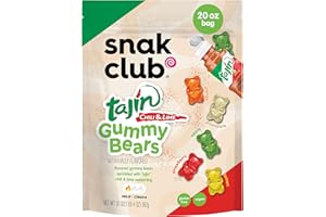 Snak Club Tajin Gummy Bears, Assorted Fruit Candy Gummies with Chili and Lime Seasoning, Mild, Gluten-Free and Vegan Snacks, 20 oz Resealable Bag