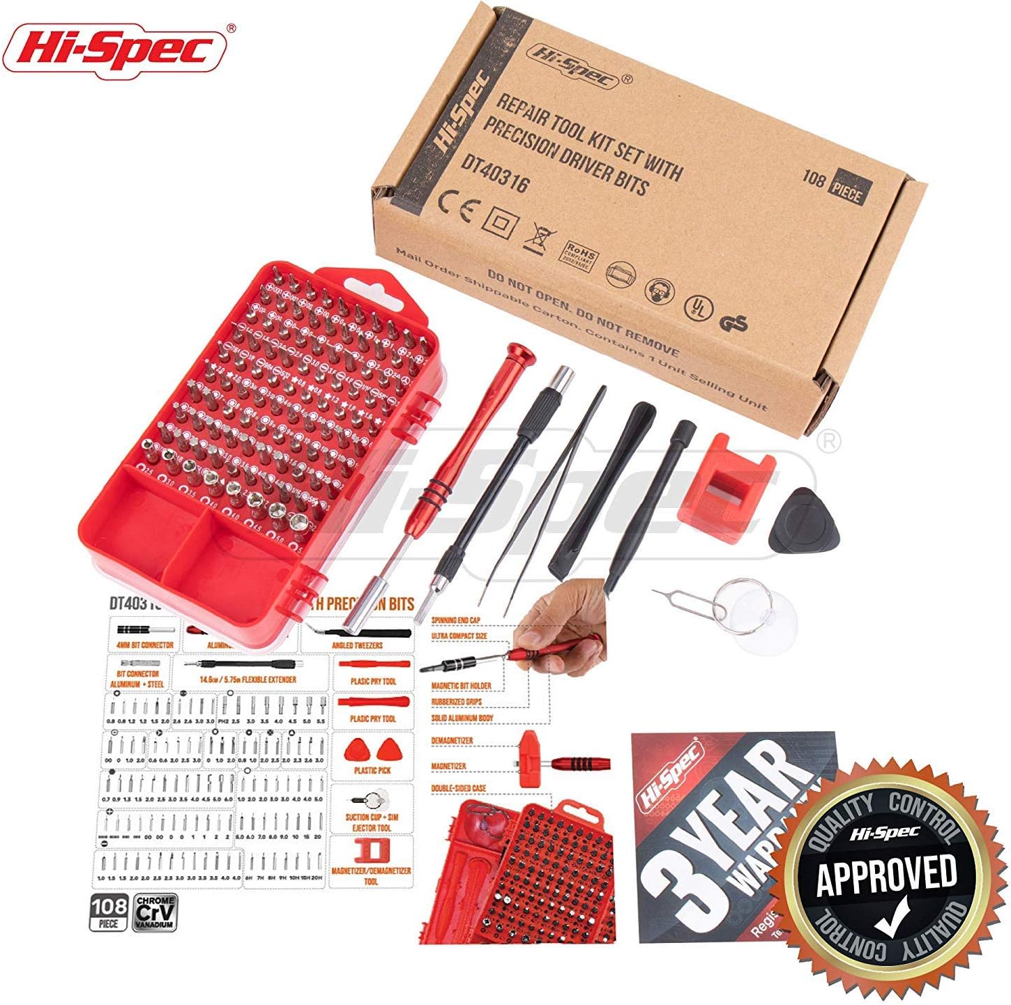 Hi-Spec 108 Piece Repair & Opening Tool Kit Set With Precision Screw Driver Bits For Android Mobile Cell Phones, iPhones, Macbooks, Laptops, Notebooks, Video Game Consoles & Electronic Gadgets: Home Improvement