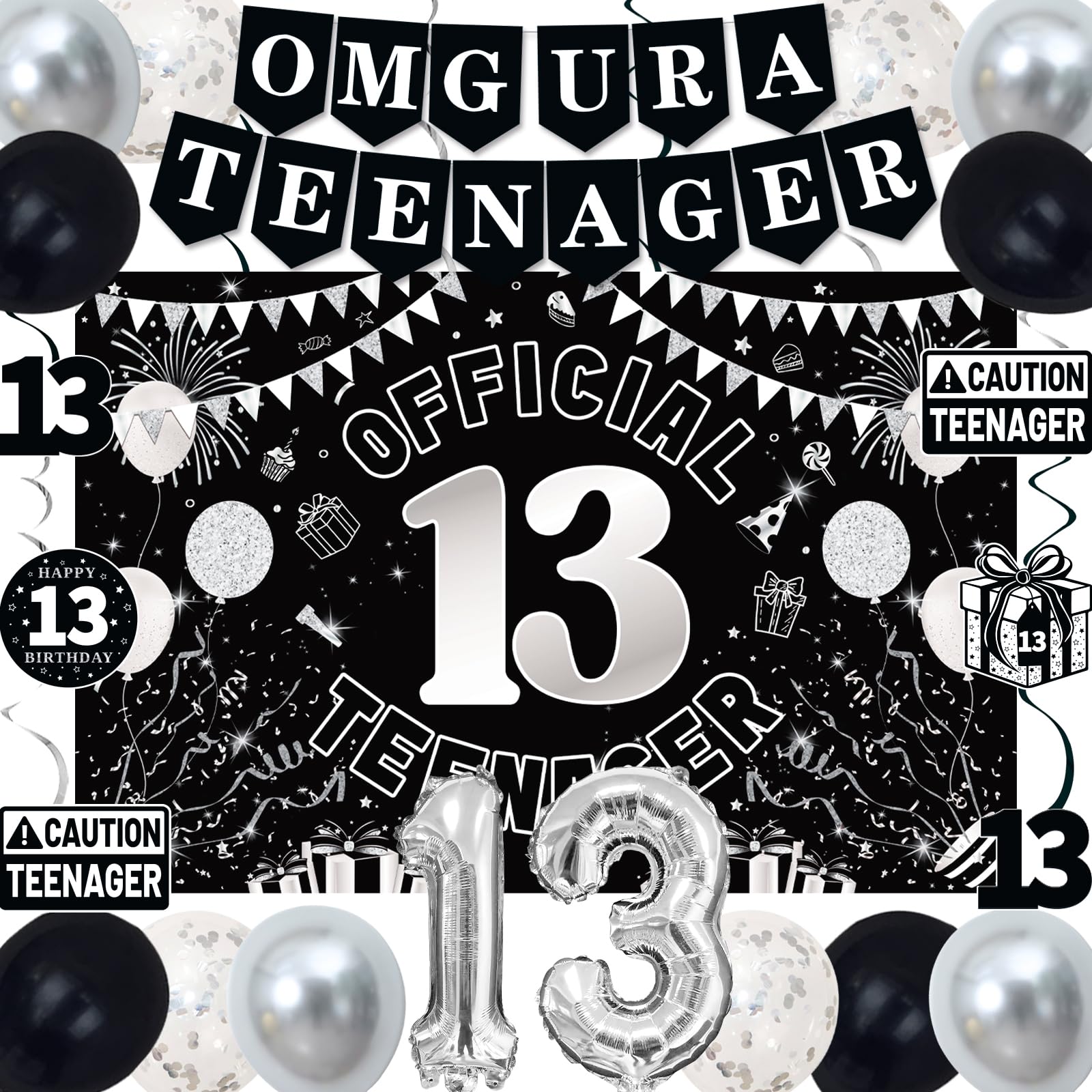 Photo 1 of 13th Birthday Decorations for Boys Girls, Black White Omg Ur A Teenager Birthday Party Decorations, Official 13 Teenager Backdrop, 13 Foil Balloons, Banner, Balloons, Hanging Swirl, Birthday Card Set