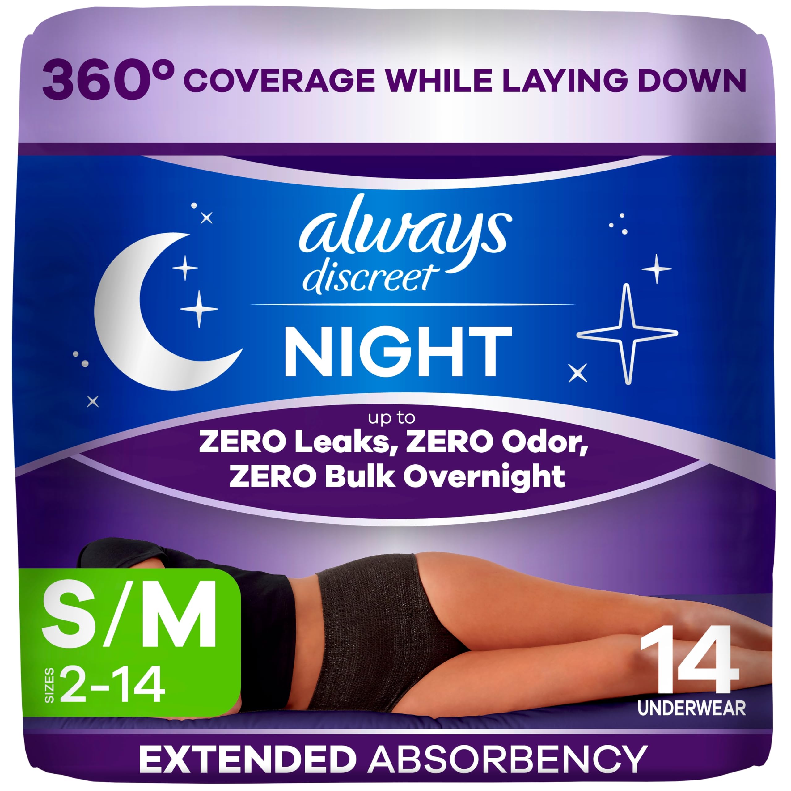Photo 1 of Always Discreet Adult Incontinence Overnight Underwear for Women, Small/Medium, Up to 100% Bladder Leak Protection, 14 Count