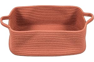 XUANGUO Woven Cotton Rope Storage Basket with Handles for Shelves Closet Cat Dog Toy Basket Bin Shallow Basket Decorative Rectangle Baby Basket for Nursery Gift basket Empty Easter Basket (rust)