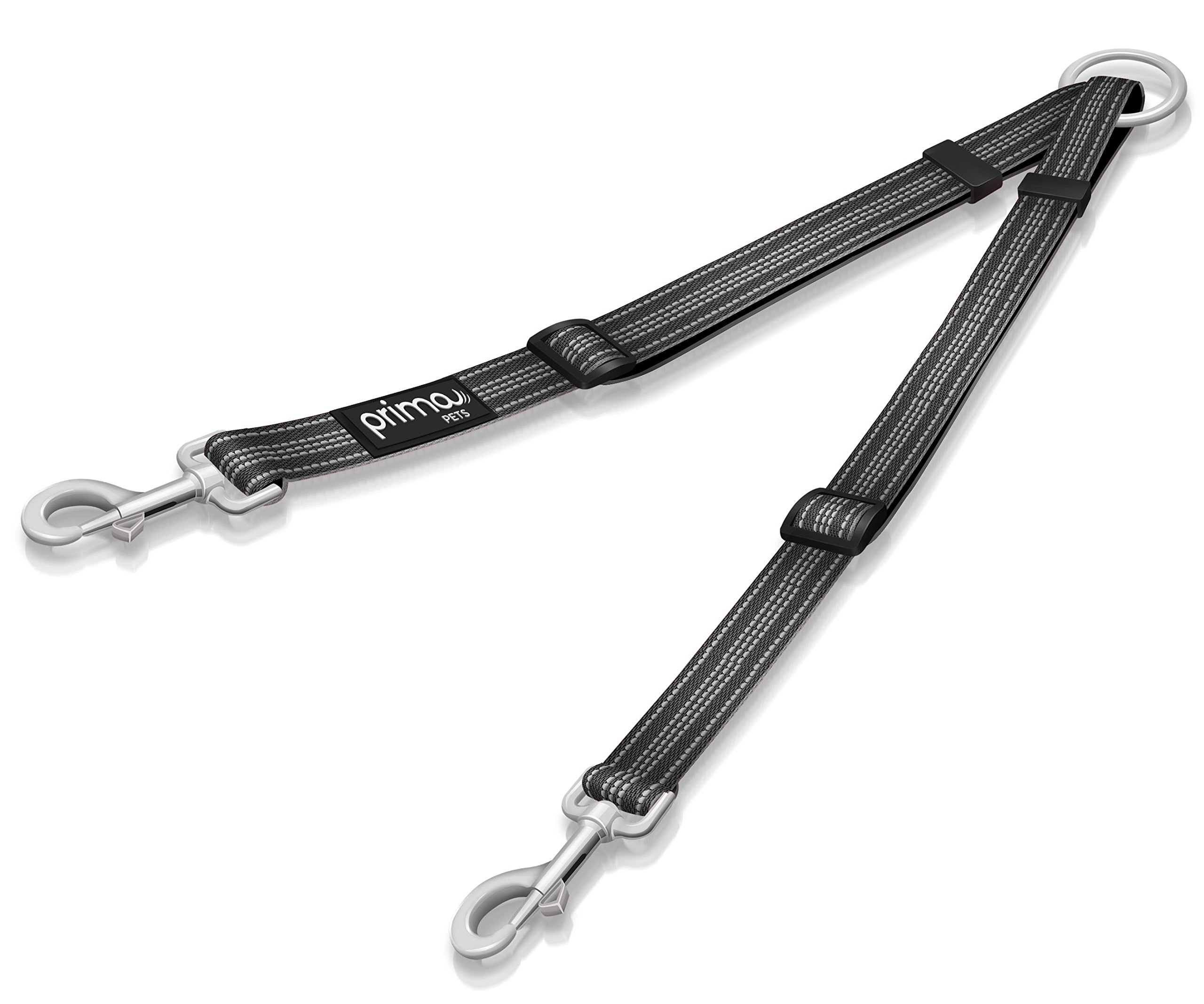 Prima Pets Reflective Adjustable Double Dog Coupler - Each Side Adjusts 28 cm to 51 cm in Length - Strong Nylon Lead Splitter - Walk 2 Dogs with Ease (SMALL – 1.5 cm Width, BLACK)