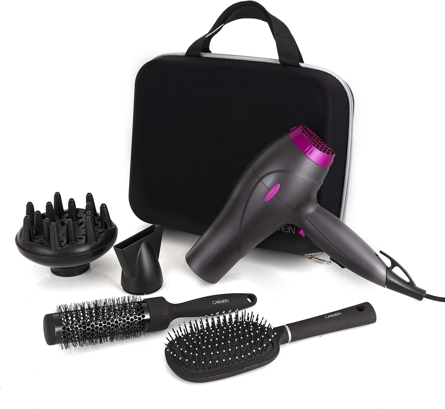 Carmen Neon Hair Dryer Gift Set including Keratin Protech, Diffuser, Concentrator Nozzle, 2000W, Graphite and Pink, C81072