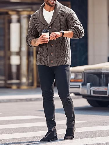 Mens Cable Knit Cardigan Sweater Shawl Collar Loose Fit Long